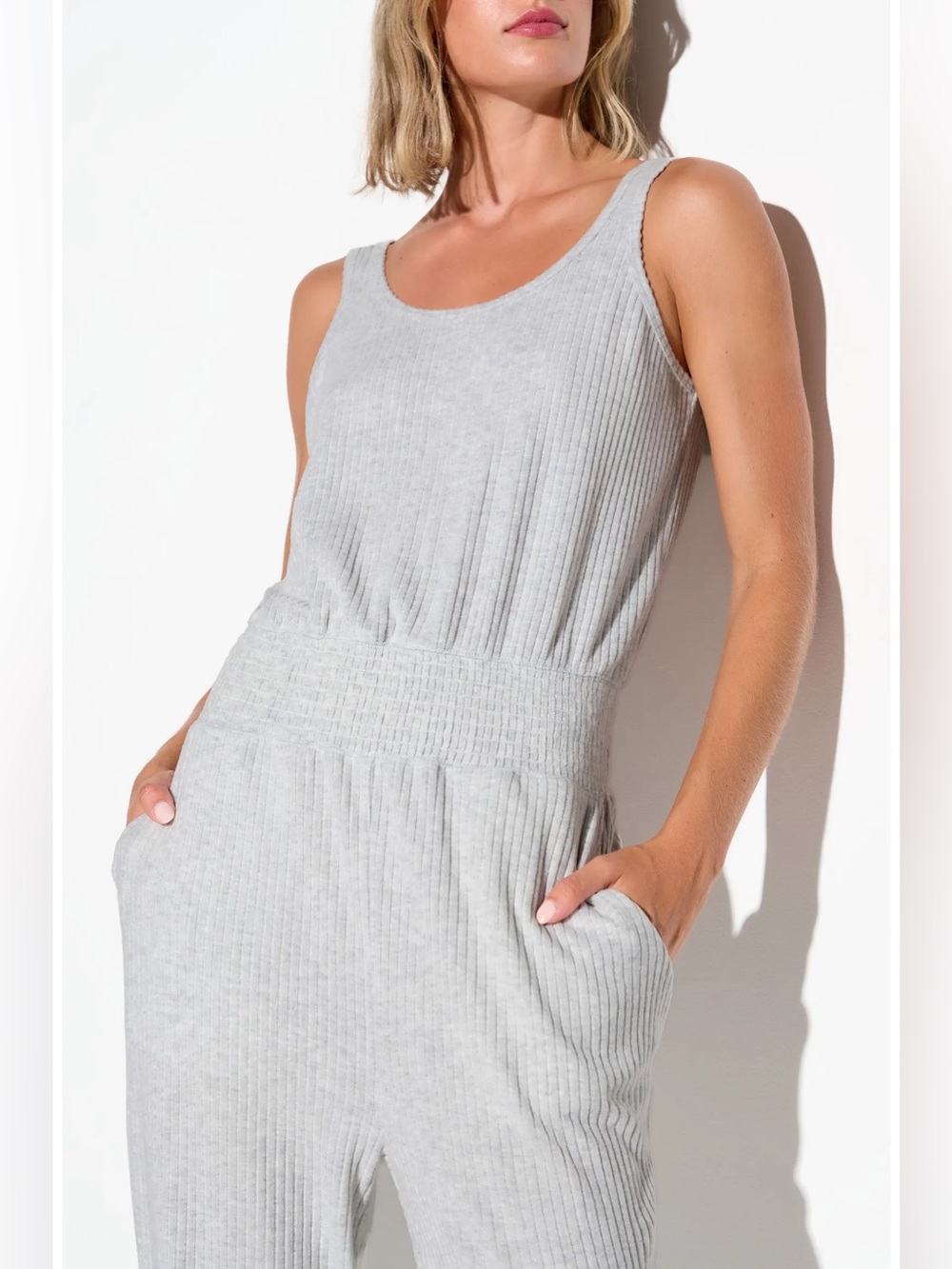 Spiritual Gangster Tranquility Jumpsuit NWT Size Large Light Heather Grey Ribbed - Picture 3 of 13